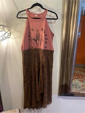 OOAK Upcycled “Let's Rodeo" Pink Halter Top Brown Paisley Maxi Dress